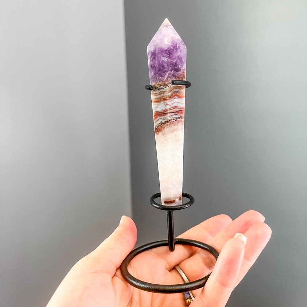 Amethyst and crazy lace wand with stand